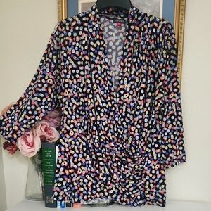 Colorful Polka Dot Faux Wrap Blouse Retro Career Elegant 2X Date Night Feminine